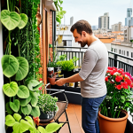 **

A small balcony garden in a city apartment, overflowing with various green plants and colorful flowers. A man is tending to the plants, looking relaxed and happy. The background shows a blurred cityscape.

**