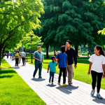 A diverse group of adults and children in modest, comfortable clothing enjoying a lush urban park. Tall trees provide ample shade, and vibrant community gardens are visible, with modern, well-integrated city buildings in the background. The atmosphere is peaceful, with bright, natural light. Perfect anatomy, correct proportions, natural poses, well-formed hands, proper finger count. Safe for work, appropriate content, fully clothed, family-friendly, high quality professional photography.