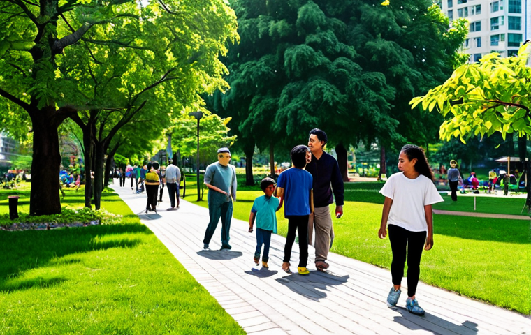A diverse group of adults and children in modest, comfortable clothing enjoying a lush urban park. Tall trees provide ample shade, and vibrant community gardens are visible, with modern, well-integrated city buildings in the background. The atmosphere is peaceful, with bright, natural light. Perfect anatomy, correct proportions, natural poses, well-formed hands, proper finger count. Safe for work, appropriate content, fully clothed, family-friendly, high quality professional photography.