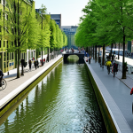 **

A cityscape featuring green rooftops and trees integrated into the buildings, fully clothed people cycling on designated paths, a restored canal running through the city center, appropriate attire, safe for work, perfect anatomy, natural proportions, professional photography, high quality, modest urban planning.

**