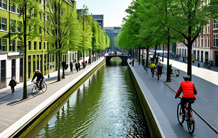 **

A cityscape featuring green rooftops and trees integrated into the buildings, fully clothed people cycling on designated paths, a restored canal running through the city center, appropriate attire, safe for work, perfect anatomy, natural proportions, professional photography, high quality, modest urban planning.

**