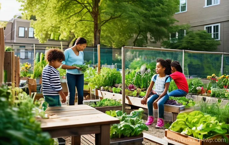 생태적 도시재생 프로젝트 관리 기법 - **Prompt:** "A vibrant, sun-drenched urban community garden thriving amidst a cityscape. Diverse ind...