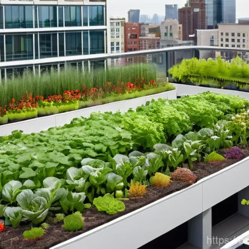 도시재생에서의 생태적 디자인 사례 - **A vibrant rooftop garden on a modern, multi-story building in a bustling city.** The garden is lus...
