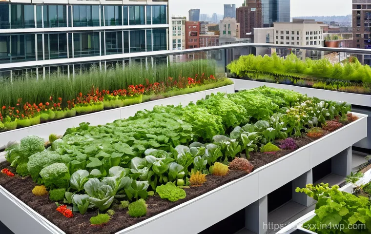도시재생에서의 생태적 디자인 사례 - **A vibrant rooftop garden on a modern, multi-story building in a bustling city.** The garden is lus...