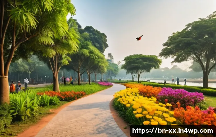 도시재생에서의 생물 다양성 증진 방안 - A vibrant urban park scene in a Bengali city during early morning light, featuring diverse species o...