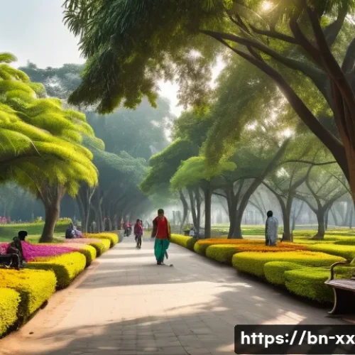 생태적 도시재생과 사회적 포용 - A vibrant urban park scene in Dhaka featuring lush green trees and colorful native flowers, families...