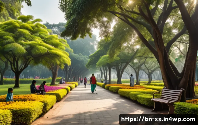 생태적 도시재생과 사회적 포용 - A vibrant urban park scene in Dhaka featuring lush green trees and colorful native flowers, families...