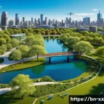 생태적 도시재생 프로젝트의 성과 측정 - A vibrant eco-city park scene showcasing a diverse range of native plants and animals thriving in ur...