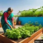 환경 친화적 도시재생 위한 인센티브 - A vibrant rooftop garden in an urban Bengali neighborhood, showcasing organic plants flourishing in ...