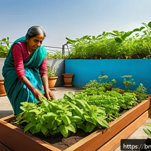 환경 친화적 도시재생 위한 인센티브 - A vibrant rooftop garden in an urban Bengali neighborhood, showcasing organic plants flourishing in ...