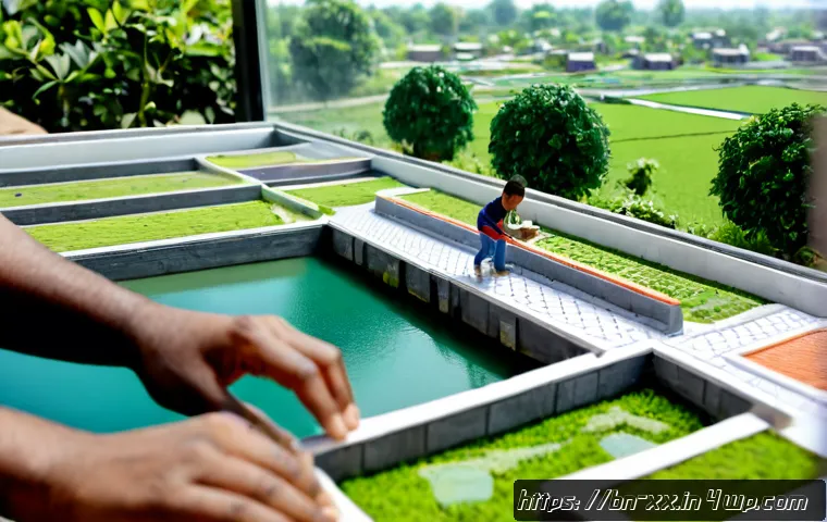 Home 17 자연 재해 예방을 위한 도시재생 모형 - Photorealistic close-up of a detailed urban regeneration scale model designed for flood prevention i...